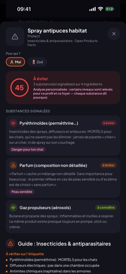 Fiche d’un produit ménager avec ses alertes