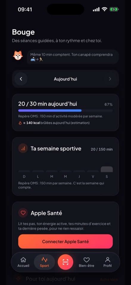 L’écran Sport : séance du jour et minutes de la semaine