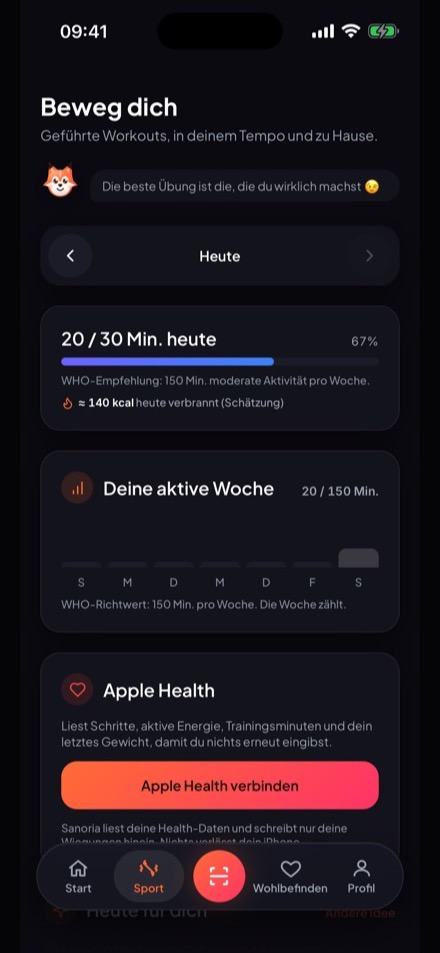 Der Sport-Bildschirm: Training von heute und Minuten der Woche