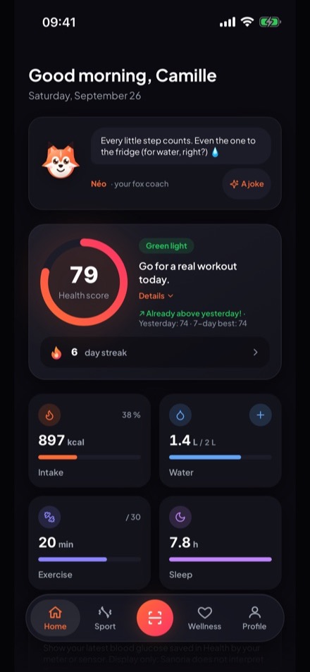 Sanoria’s home screen: today’s score, coach and streak